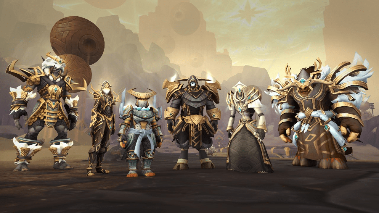 A group of World of Warcraft characters in the 9.2 armor tier sets.