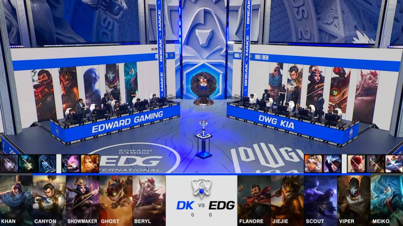 A screenshot from the 2021 LoL World Championship Grand Finals broadcast, showing the Game One champion drafts between DAMWON KIA and Edward Gaming with a shot of the DWG KIA and EDG on the Worlds 2021 stage above.