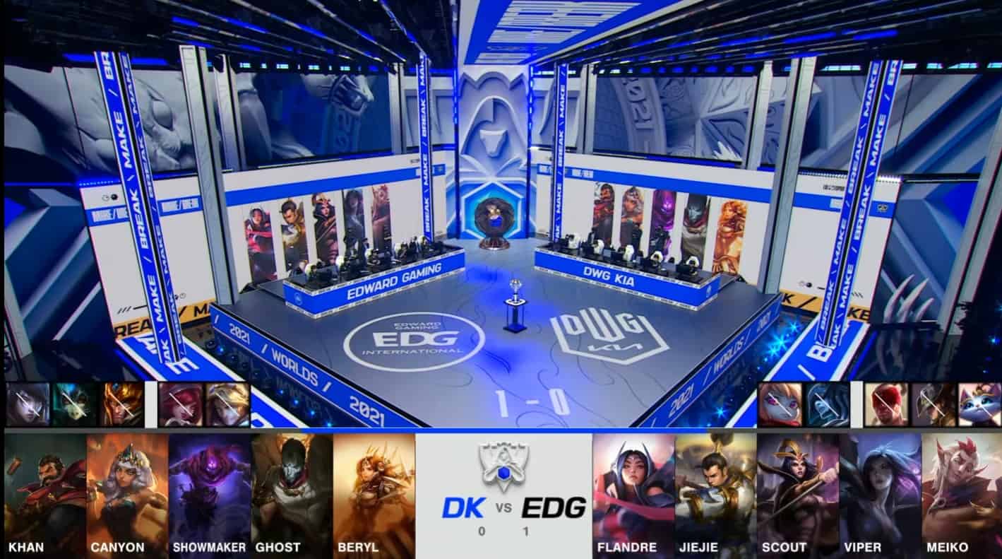 A screenshot from the 2021 LoL World Championship Grand Finals broadcast, showing the Game Two champion drafts between DAMWON KIA and Edward Gaming with a shot of both teams on the Worlds 2021 stage above.