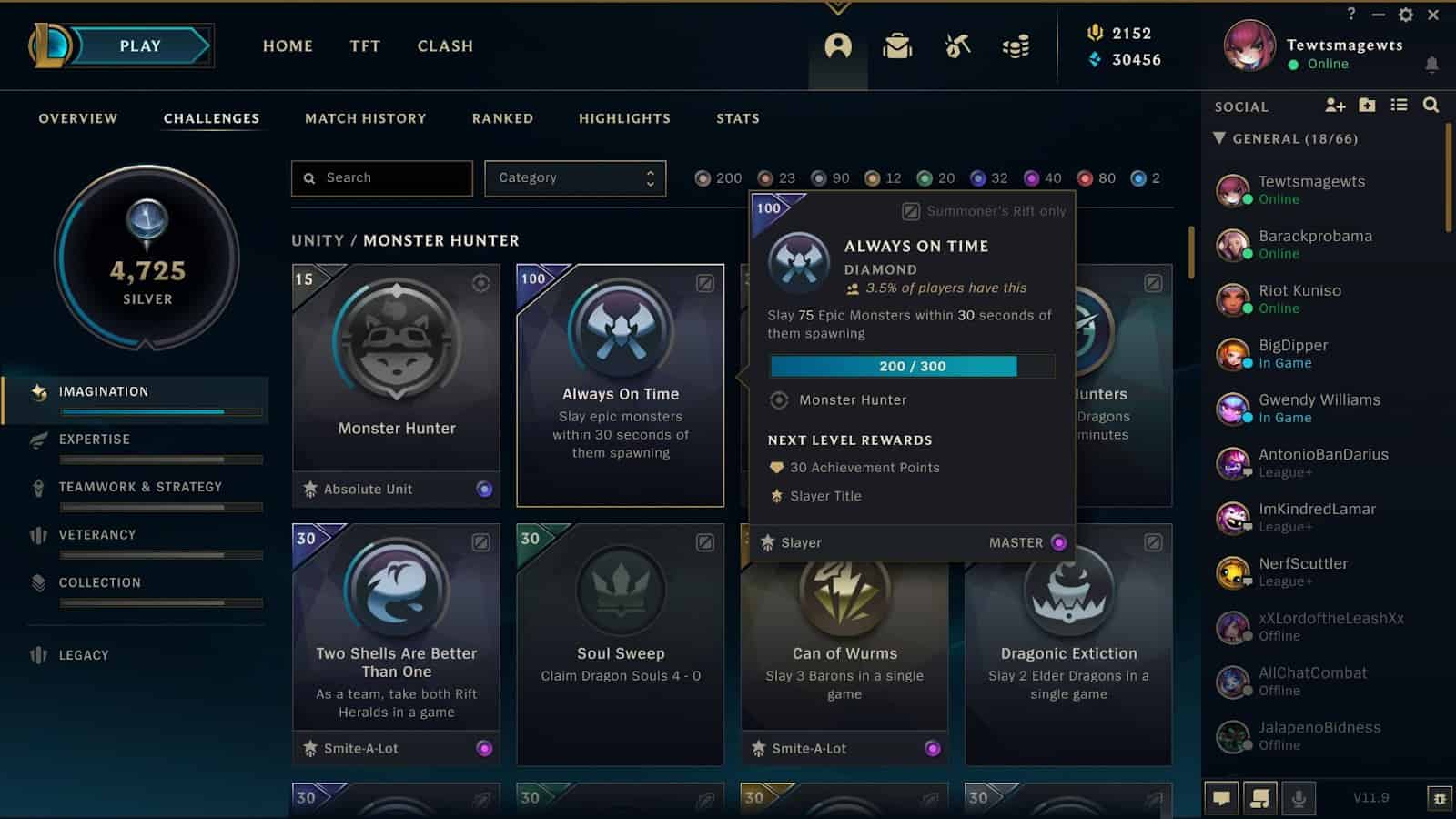 A screenshot of the League of Legends client in the challenges tab, showing a variety of challenges a player can and has started to undertake.