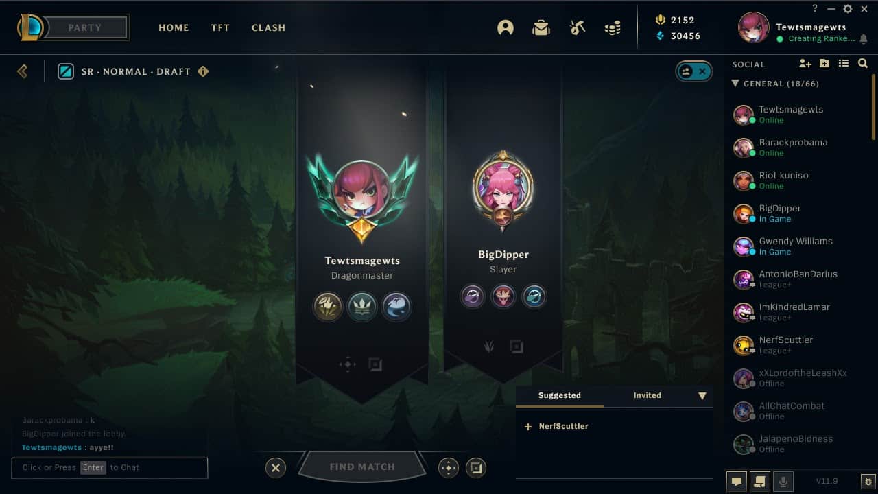 A screenshot of the lobby screen in the League of Legends client, showing two players waiting to start queue with their challenges on their banner.