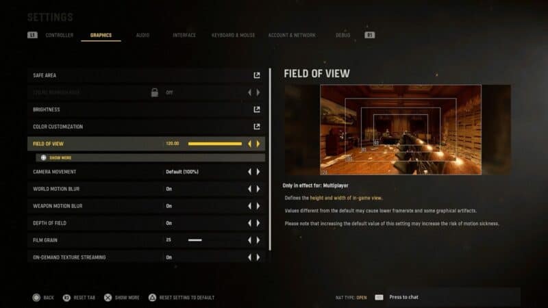 A settings menu from Call of Duty Vanguard where players can adjust the Field of View slider.