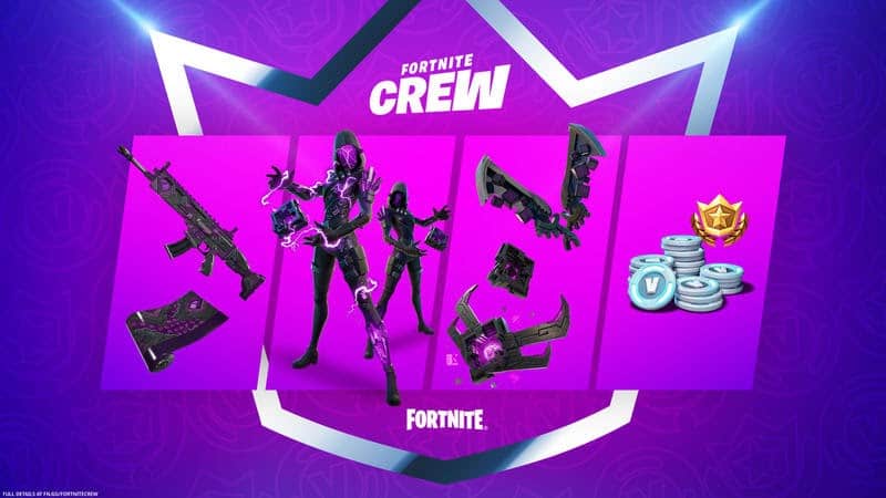 A silver crown Fortnite Crew logo is shown behind the Cube Assassin cosmetic items for December 2021.