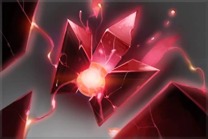 The Bloodstone, a fractured ruby red crystal with a glowing sphere at the centre pulses with flickering crimson energy