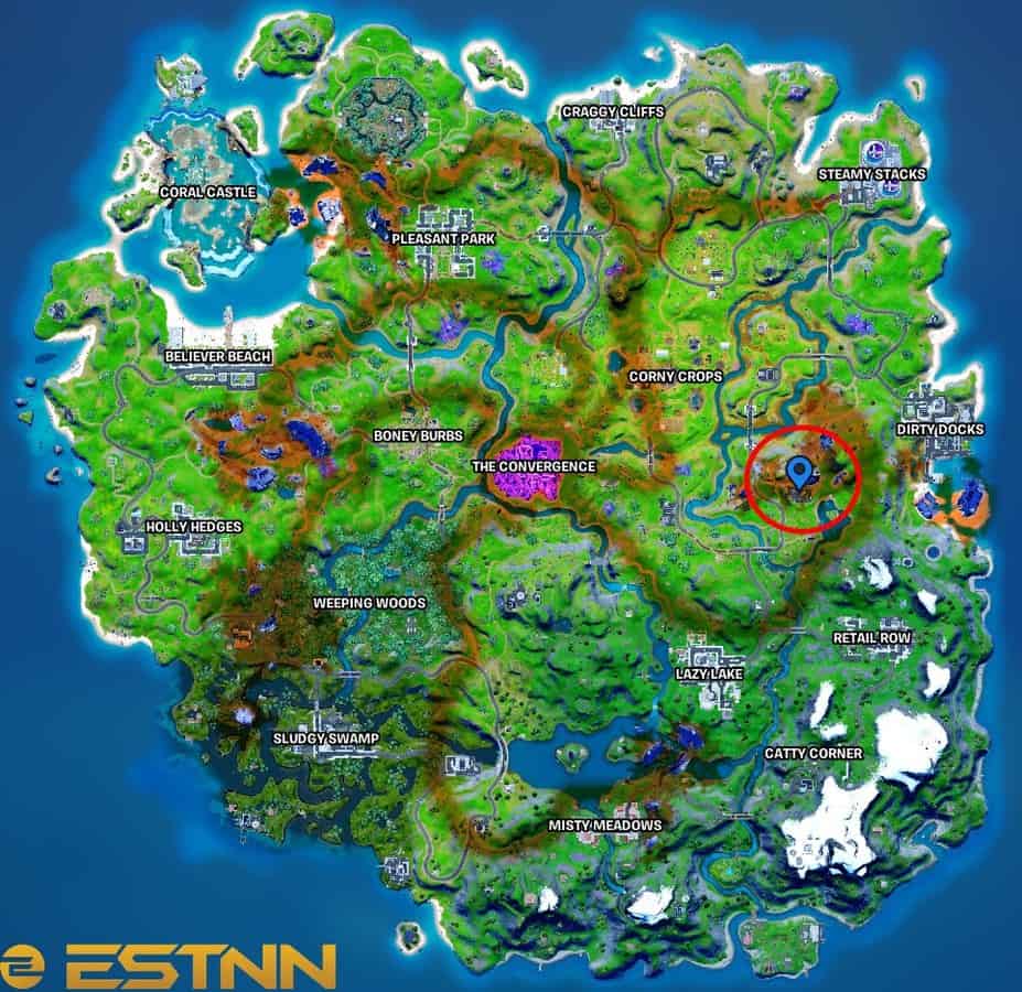 The Fortnite Chapter 2 Season 8 map is shown highlighting the location of the Destroyed Dish.