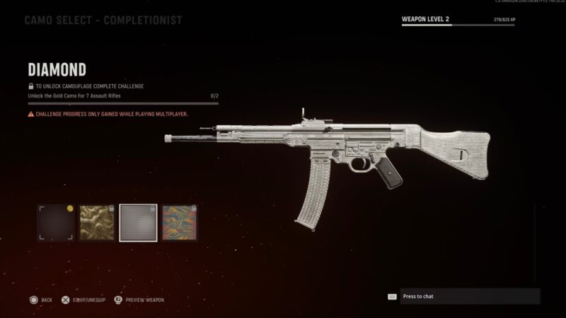 A camo menu screen in Call of Duty Vanguard with an STG44 equipped with a diamond camo.