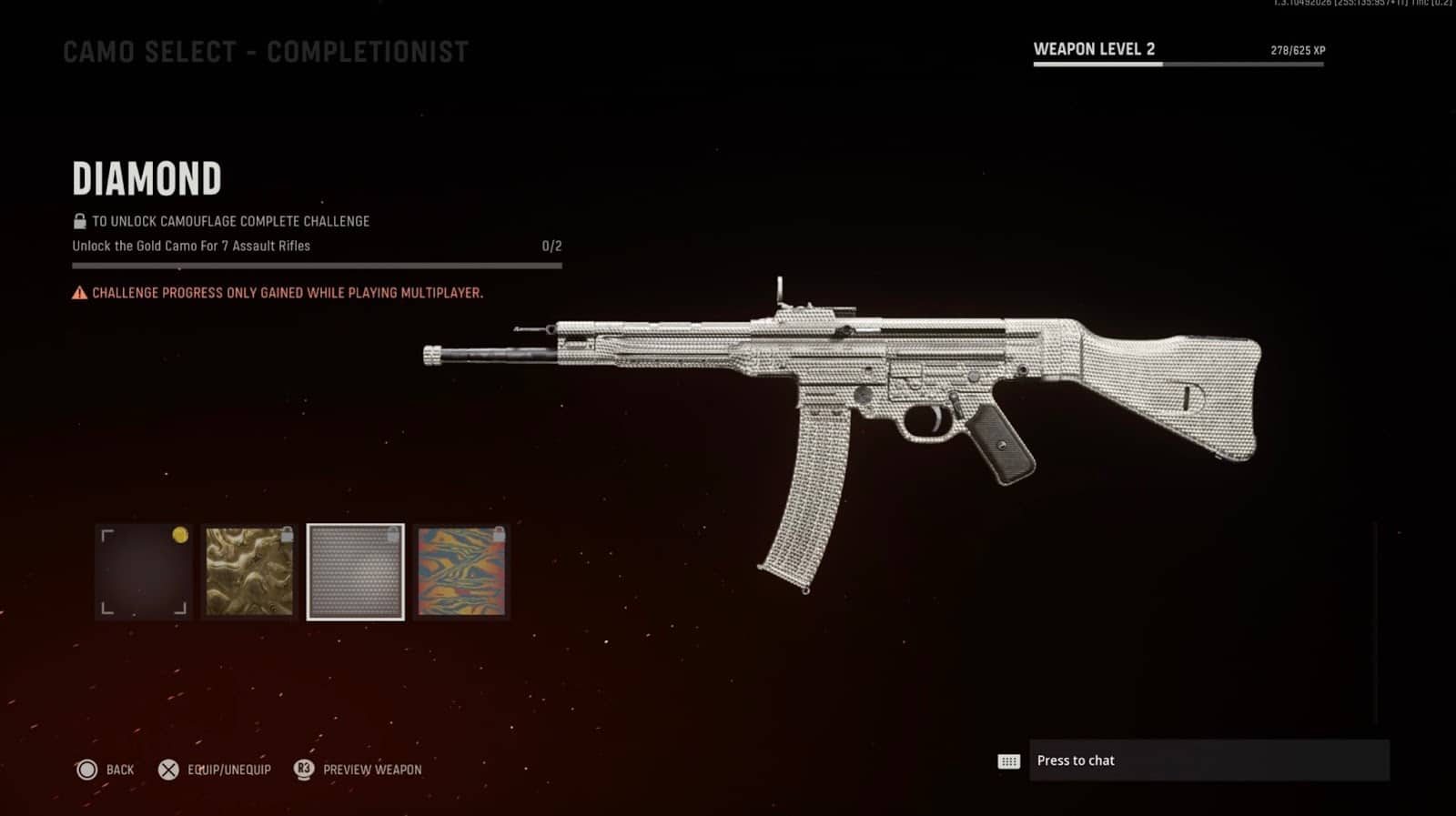 A camo menu screen in Call of Duty Vanguard with an STG44 equipped with a diamond camo.