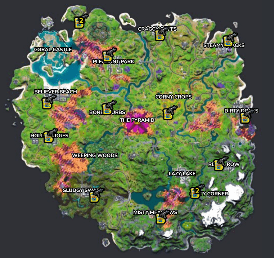 The Fortnite Chapter 2 Season 8 map is shown with locations of donation boards highlighted.