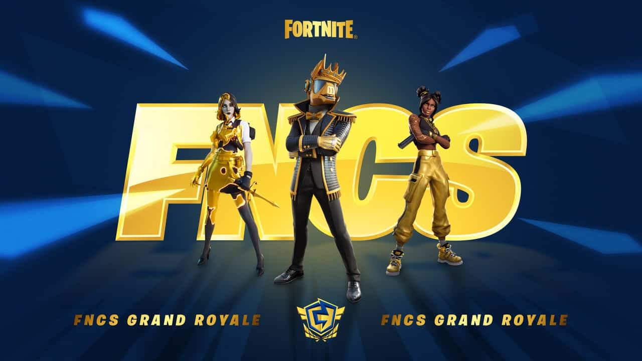 Three Fortnite characters pose in black and gold outfits in front of the letters "FNCS" in gold. Below them is the FNCS shield logo and the words "FNCS Grand Royale" in gold.