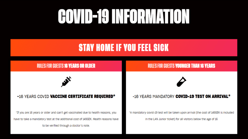 A graphic explaining the rules for in-person attendance at DreamHack Winter; Attendees over 16 years old must be vaccinated against COVID-19, A mandatory COVID-19 test will be taken upon arrival for all visitors below the age of 16