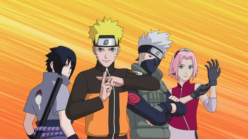 Sasuke, Naruto, Kakashi and Sakura stand together, as Naruto makes a cross with his fingers