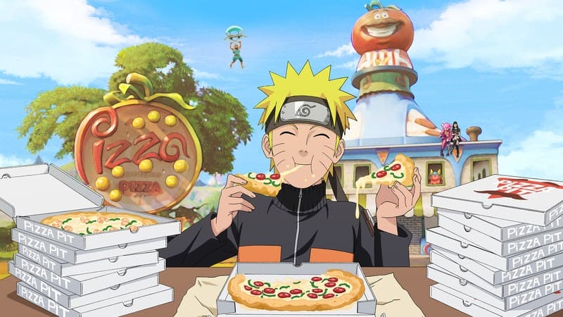 Uzumaki Naruto chows down on some pizza at Hidden Leaf Village in this exclusive loading screen with art by Studio Pierrot