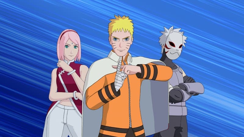Sakura, Naruto and Sasuke stand in their iconic outfits from the show.