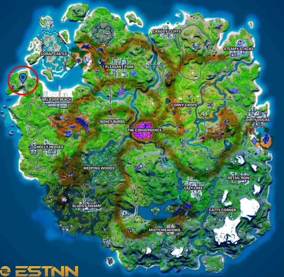 The Fortnite Chapter 2 Season 8 map is shown with a red circle on the west coast highlighting the location of Fort Crumpet.
