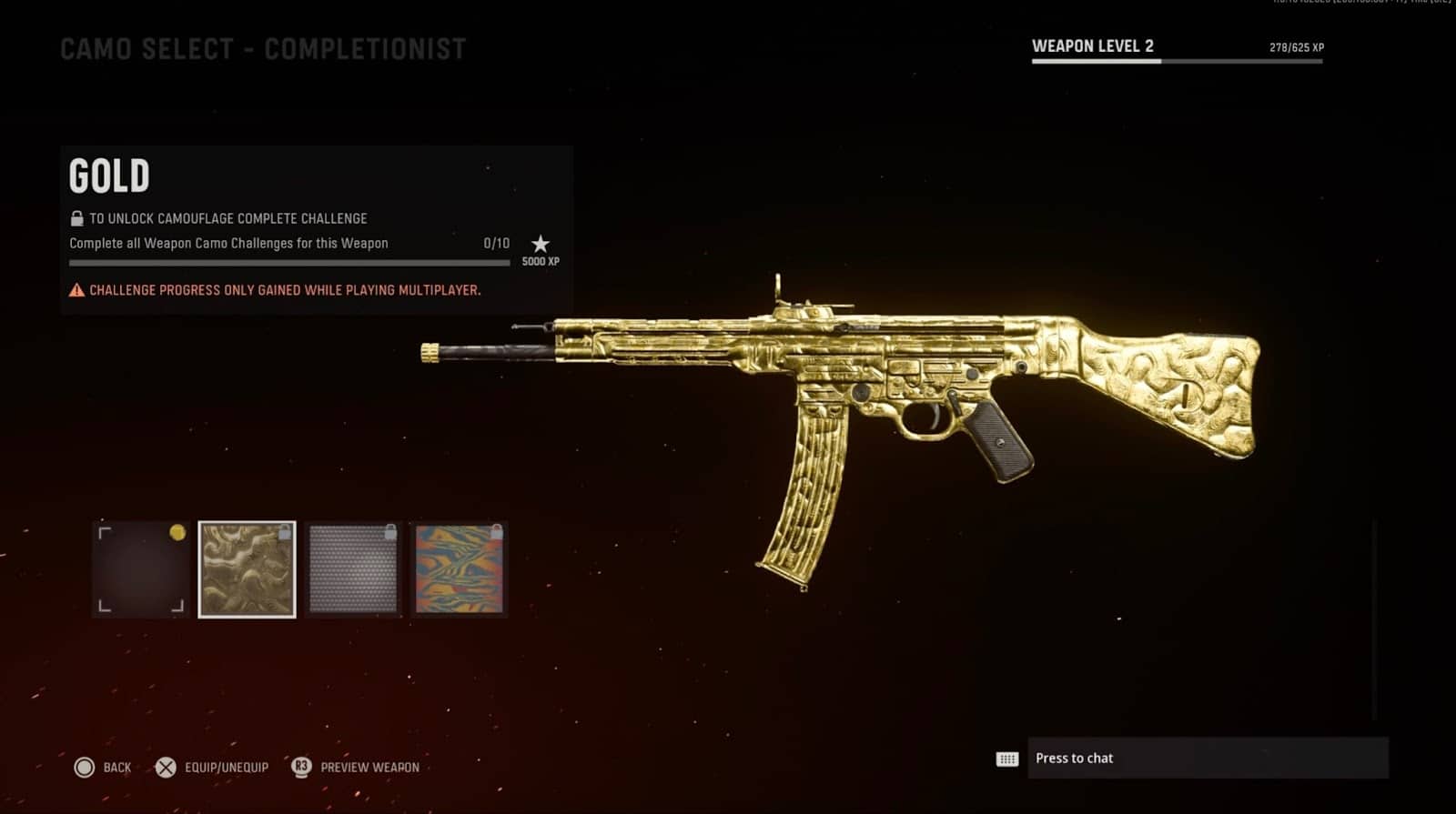 A camo menu screen in Call of Duty Vanguard with an STG44 equipped with a gold camo.