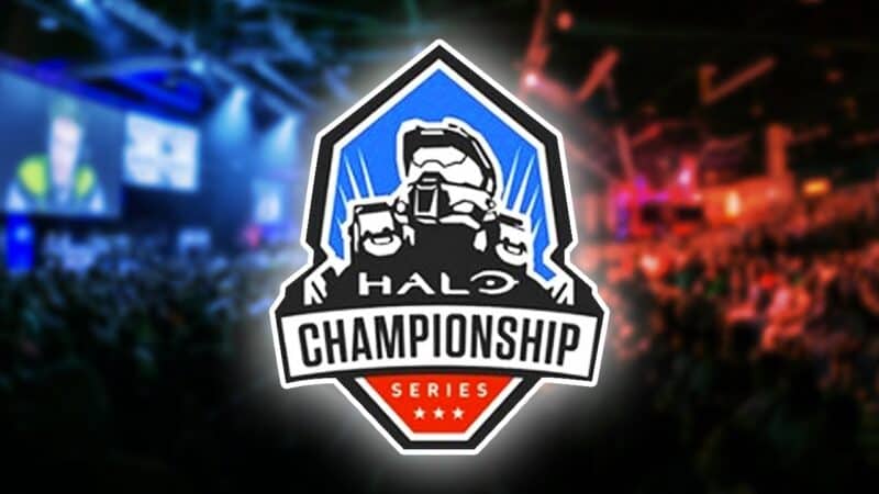 The Halo Championship Series (HCS) logo with Master Chief's helmet is shown over a background of a live audience spectating an esports events under blue and red lights.