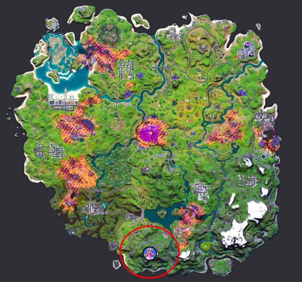 The Fortnite Chapter 2 Season 8 map is shown with a red circle around a location in the south where the exotic Icy Grappler Gun can be found.
