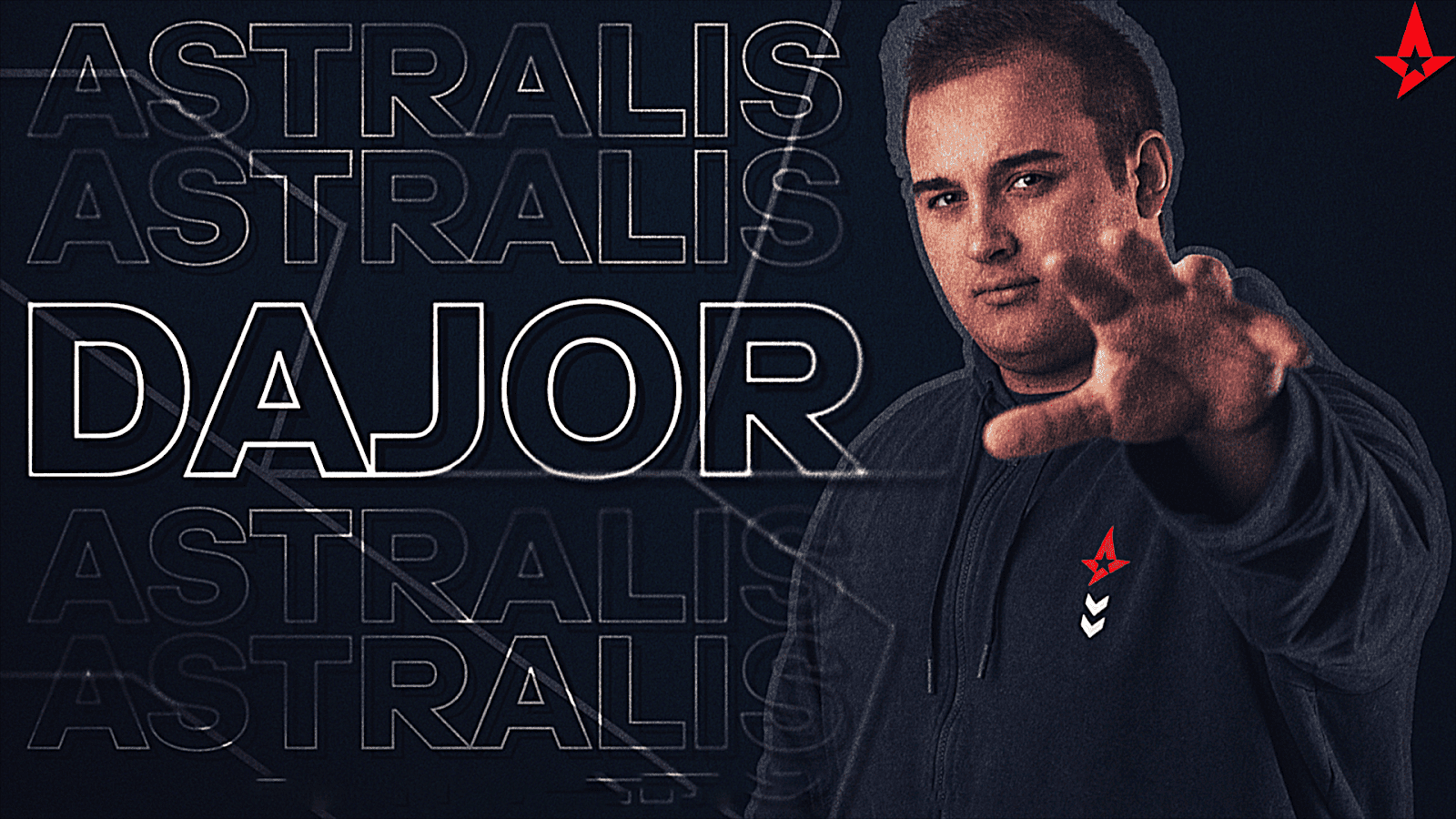Oliver “Dajor” Ryppa stands in an Astralis hoodie, reaching toward the camera with one hand. His tagname "Dajor" appears beside him in block letters - LEC Astralis Summer Preview