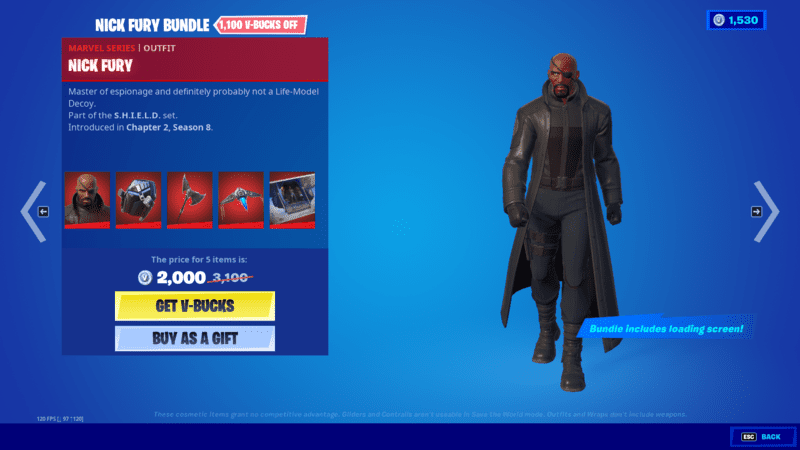 An in-game screenshot of the Fortnite client on Nick Fury's store page.
