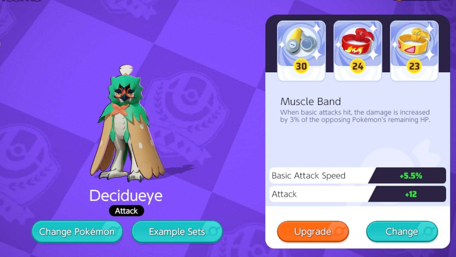 The load out screen for Decidueye showing the details of the Muscle Band equipped