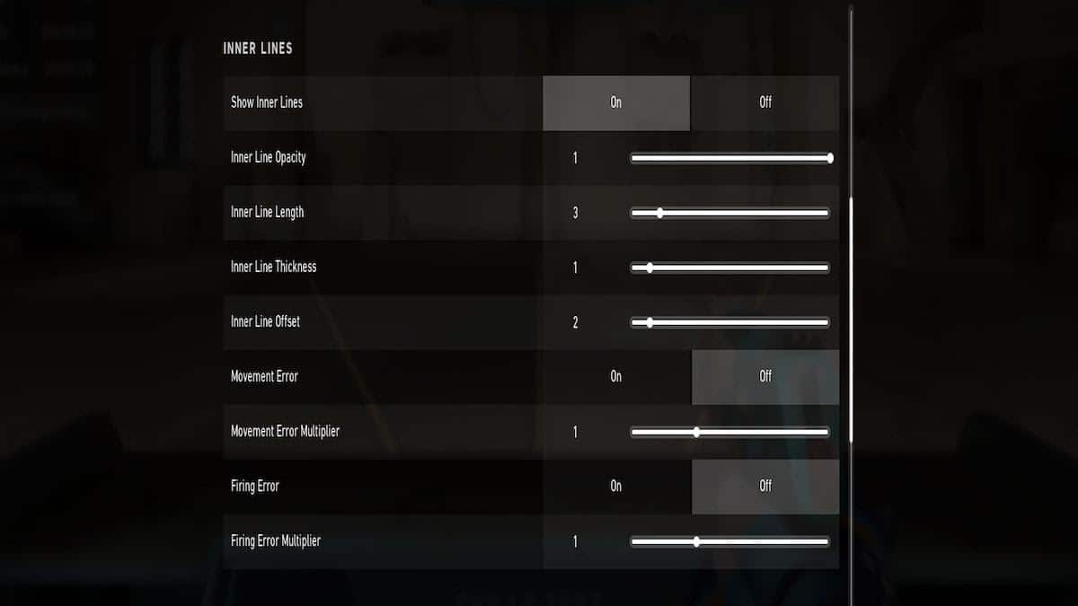 A screenshot of Valorant settings to customize the player's crosshair.
