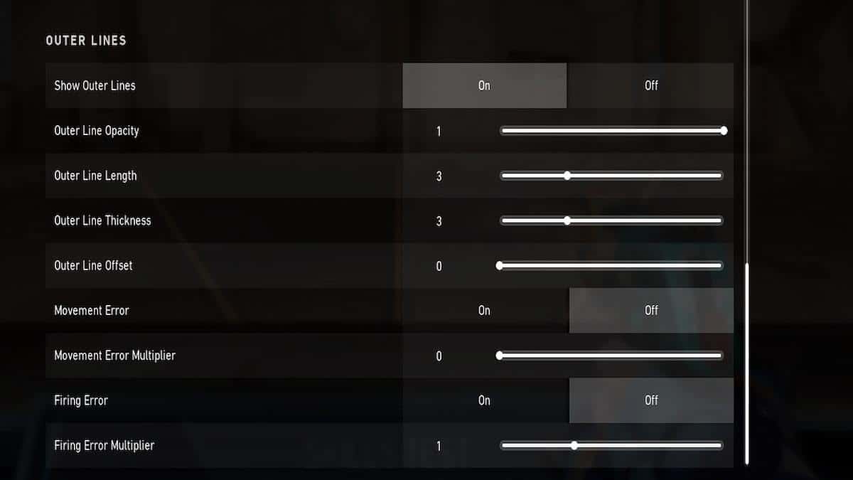 A screenshot of Valorant settings to customize the player's crosshair.