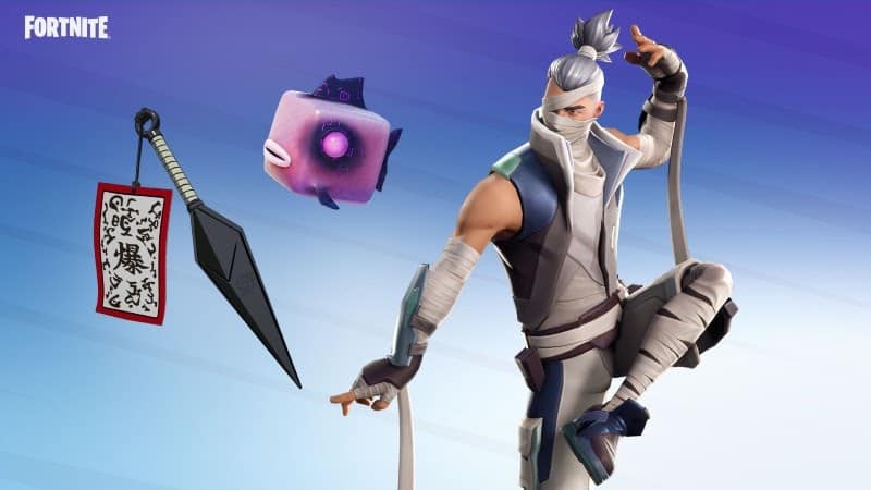 A Fortnite character poses in a martial arts stance with bandages and ninja apparel on with a sube fish and a kunai enlarged next to him.