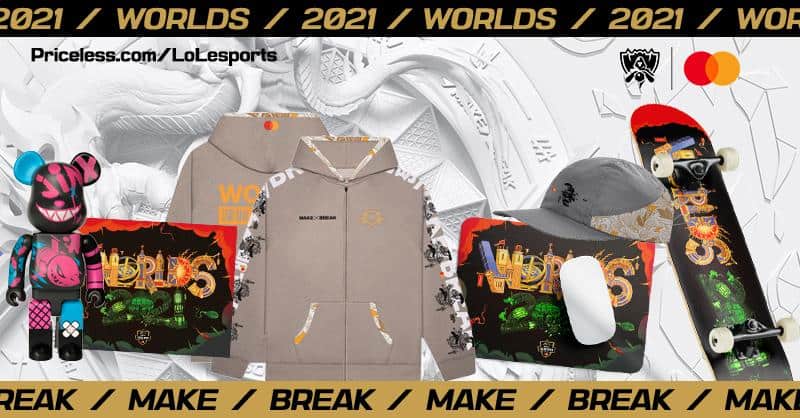 A promo image for the LoL Esports x Mastercard Worlds 2021 Capsule Collection, showing the various merch items with Worlds 2021 graphics incorporated.