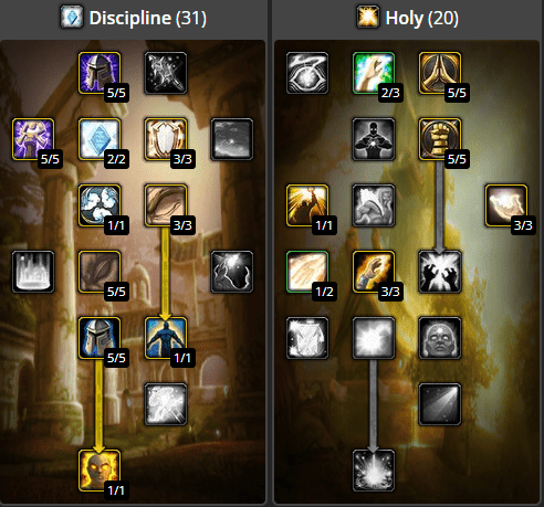 The standard PVP build for Disc Priests, showing the 21/30/0 combination with talents in the Discipline and Holy trees