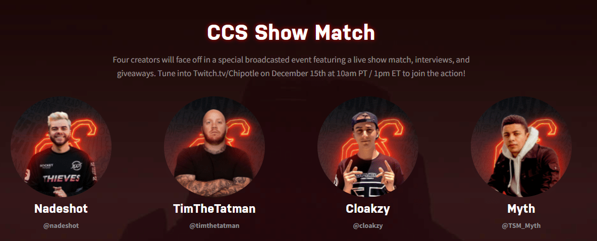 The players for the show match from left to right; Matthew "Nadeshot" Haag, Tim "timthetatman" Betar, Dennis "Cloakzy" Lepore and Ali "Myth" Kabbani