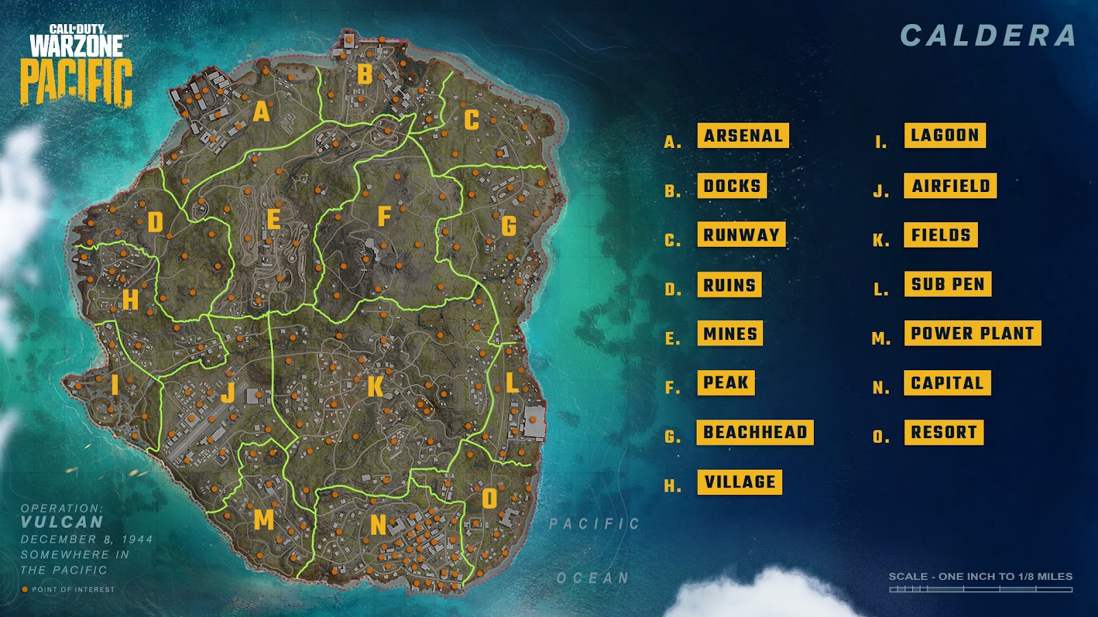 The map of the upcoming Warzone location, Caldera, showing all of the points of interest marked across the island