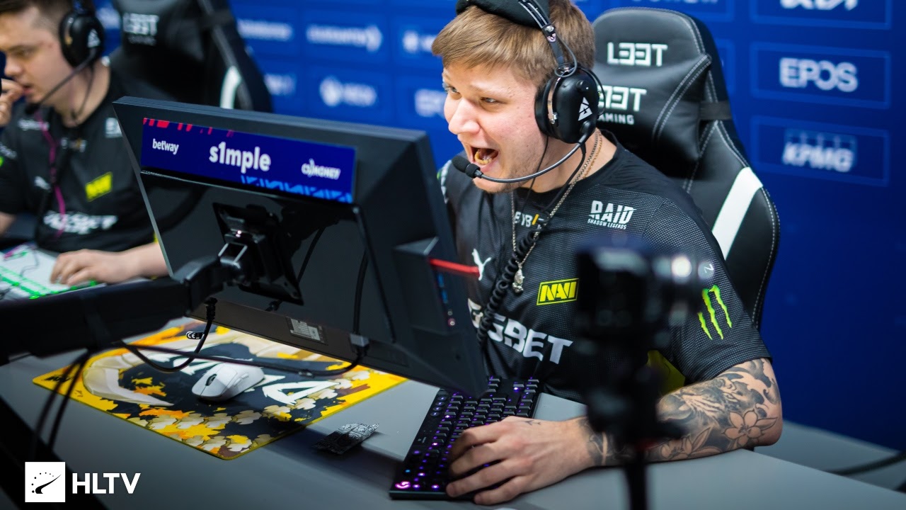 Oleksandr "s1mple" Kostyliev cheers at his screen after taking a win with his team