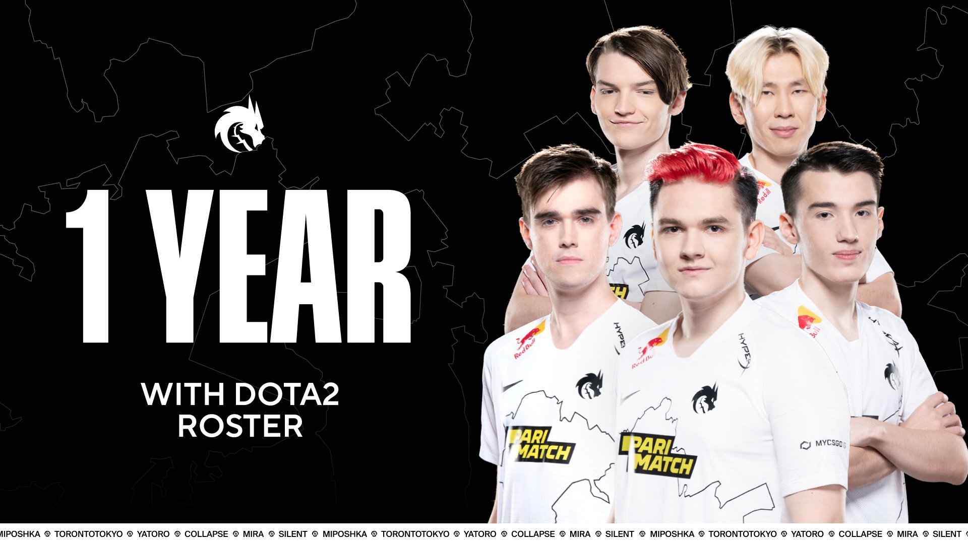 Team Spirit's Dota 2 roster appear together alongside the words "1 year with Dota 2 roster"
