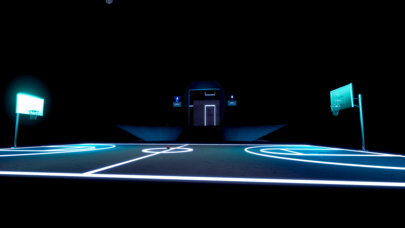 The Fortnite x Air Jordan Creative Map, a basketball court lit by neon blue lights
