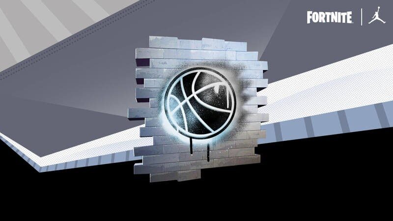 The Deep In the Paint Spray available in the Fortnite x Air Jordan crossover event, a black basketball spray painted on to a grey brick wall