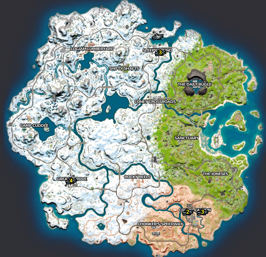 The Fortnite map for Chapter 3, showing the locations of biplanes marked with a small plane icon