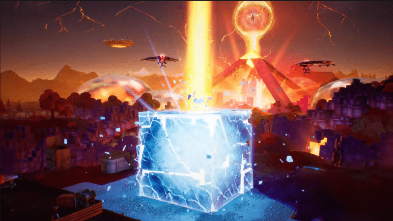 The orange beam unleashes its power on the cube, cracking it