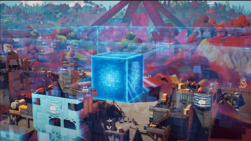 The massive, glowing, blue cube hovered over the landscape as players loaded into the game in Fortnite Chapter 2's The End event