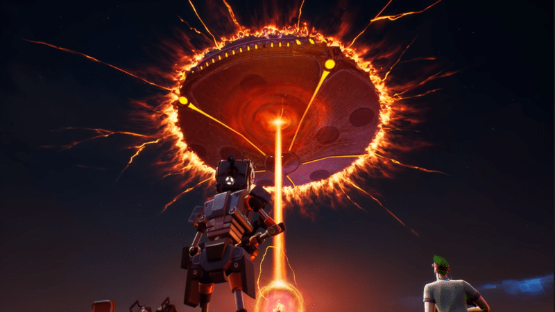 A bright, orange beam of light shoots down from a glowing portal in the sky