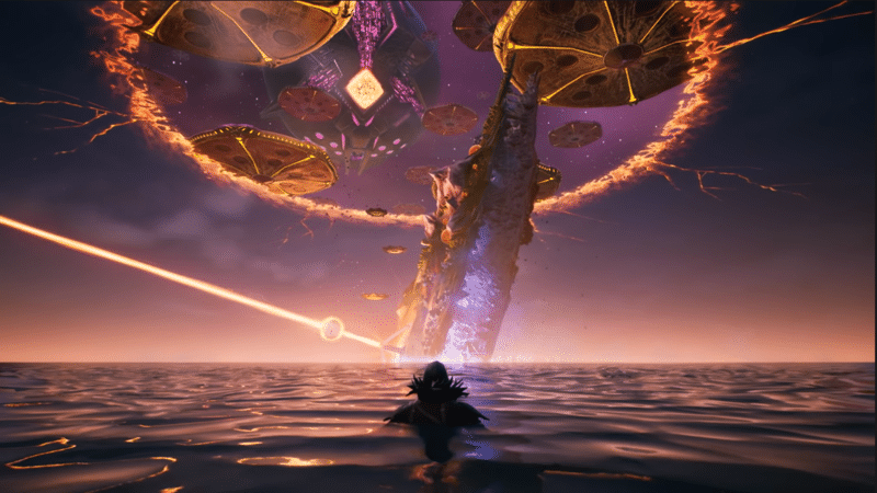 The island of Fortnite appears tilted vertically, the portal appears glowing above