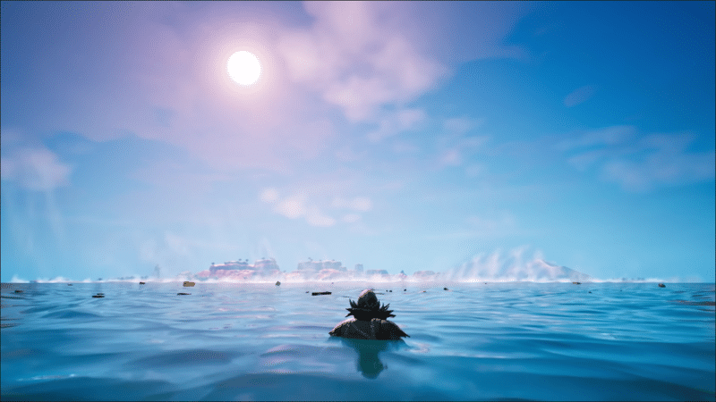 A Fortnite character floats in the water, looking out toward what used to be the otherside of the island, in the aftermath of the flip