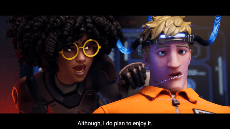 The Fortnite Villain, Dr Slone, leans over the character Jonesy's shoulder, the subtitles of Slone's dialogue appear at the bottom of the screen "Although, I do plan to enjoy it."
