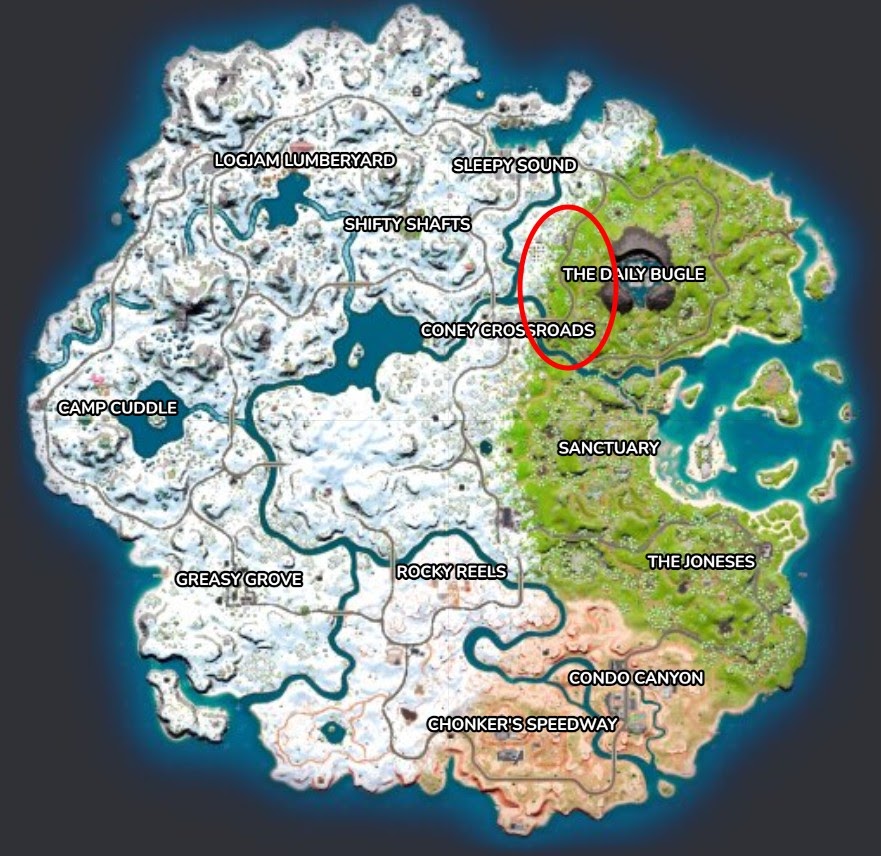 The Fortnite Chapter 3 map, showing a forested area near The Daily Bugle with a red circle around it