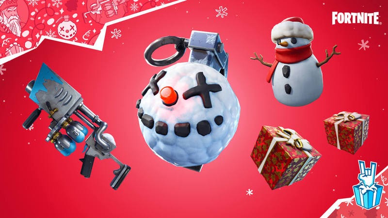 The Fortnite Winterfest items; Snowball Launcher, Chiller Grenade and Sneaky Snowman appear against a red background