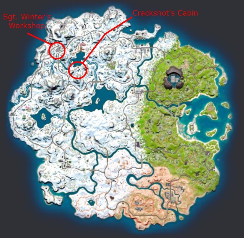 The Fortnite Chapter 3 map, showing the location of Crackshot’s Cabin, Southwest of Logjam Lumberyard and the location of Sgt. Winter’s Workshop, West of Logjam Lumberyard