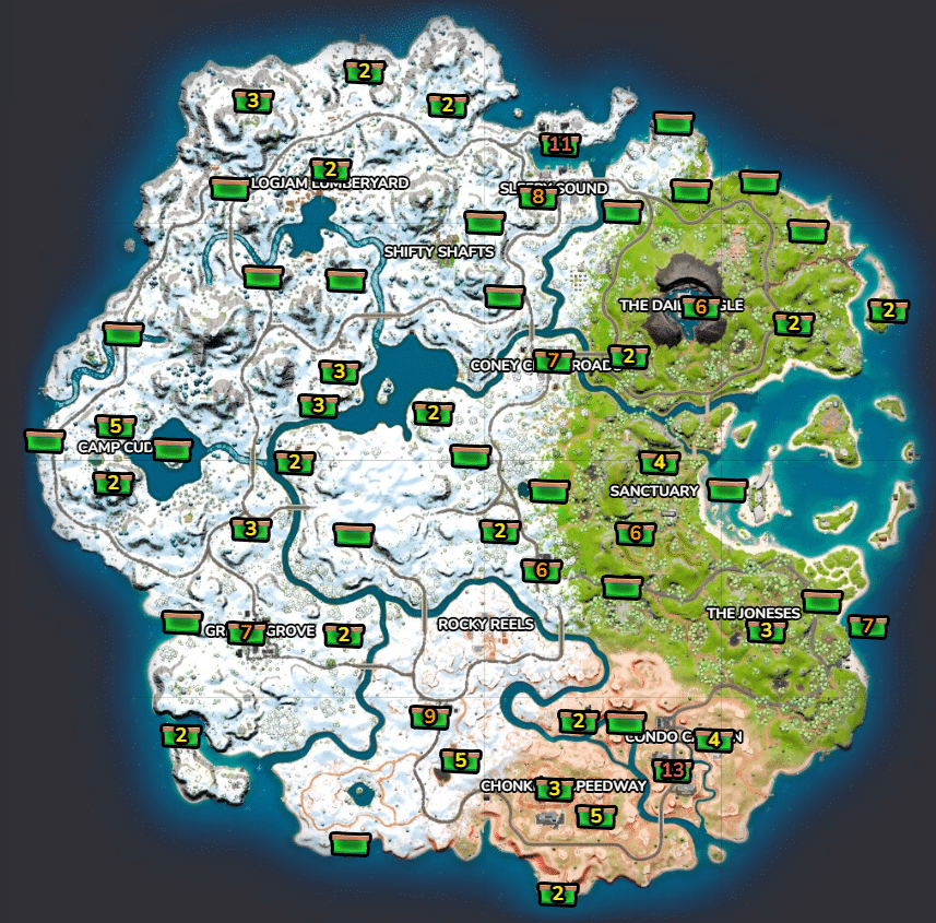 The Fortnite Chapter 3 map showing all the locations of food boxes marked