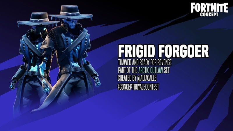 The Frigid Forgoer skin, designed by Alta. A frozen blue skeleton with a leather duster jacket