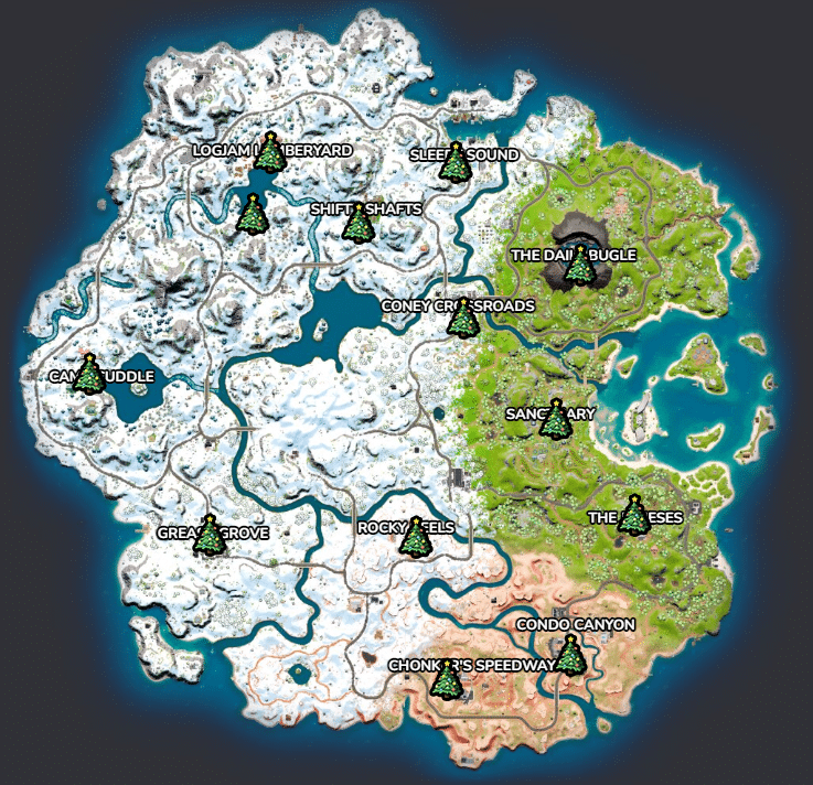 The Fortnite Chapter 3 map, showing all the locations of Holiday Tres