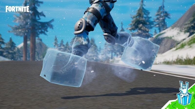 A fortnite character runs, their feet encased in ice blocks