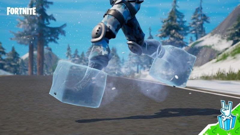 A fortnite character runs, their feet encased in ice blocks 